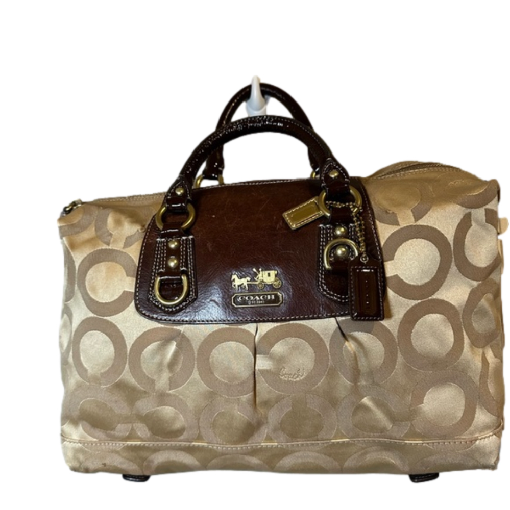 COACH Large Brown Leather and Tan Fabric Signature Canvas Satchel